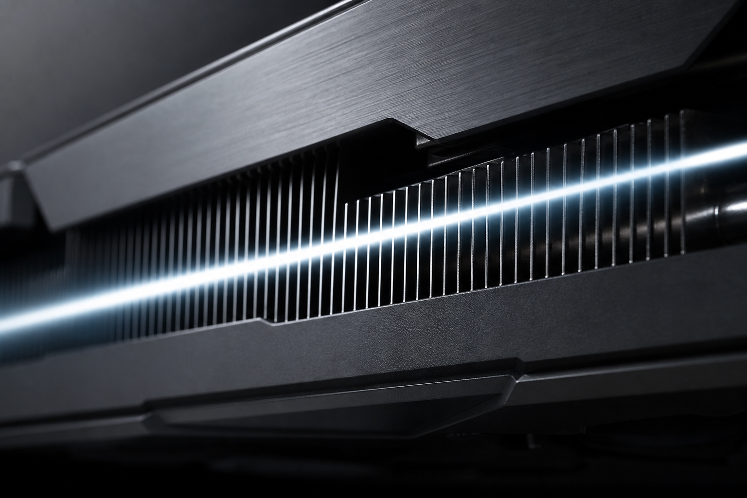 Macro shot of professional GPU cooling architecture with a streak of light symbolizing speed.