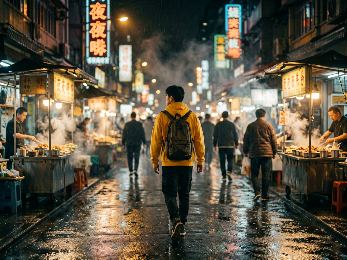 Cinematic night scene of a young man in a yellow hoodie walking away through a rain-slicked night market, captured in a single continuous tracking shot