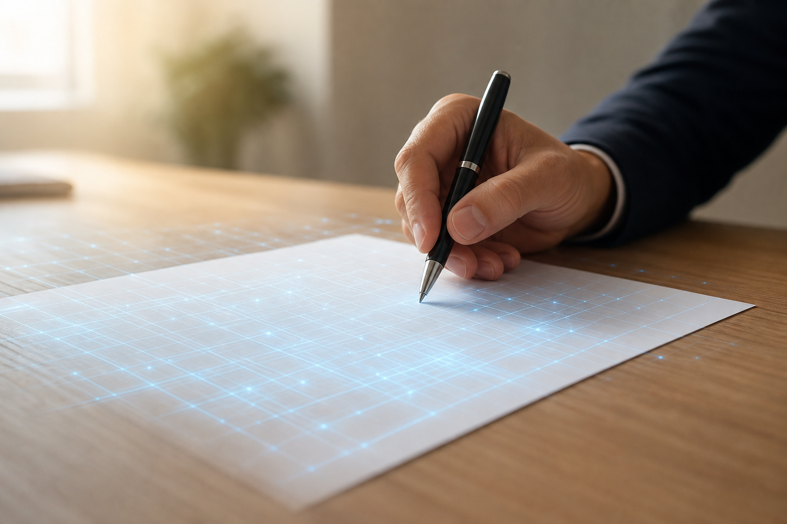 A human hand poised to sign a blank document with faint digital grid overlay.