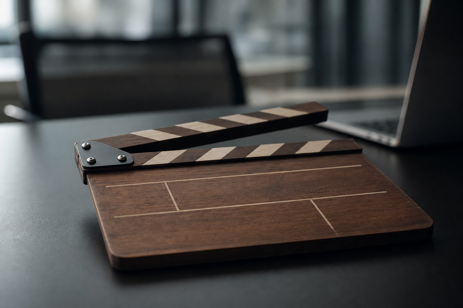 A close-up of a film clapperboard with a subtle digital overlay effect, symbolizing the intersection of traditional media control and AI regulation.
