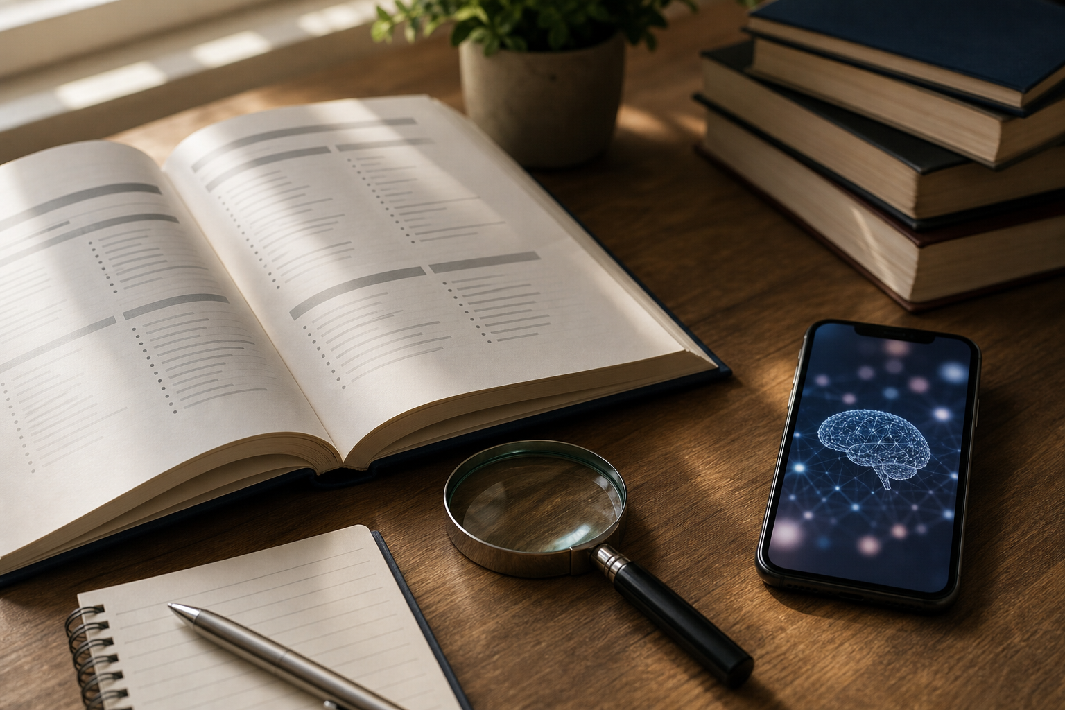 A university course catalog open on a desk, with a magnifying glass resting on a page listing foundational computer science courses, while a smartphone displayi
