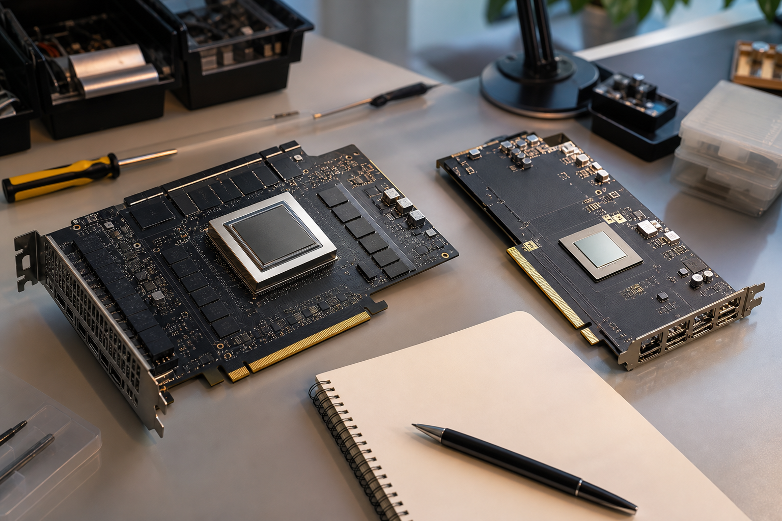 A close-up of two different accelerator cards side by side on a workbench, with a printed code snippet and a small notebook beside them.