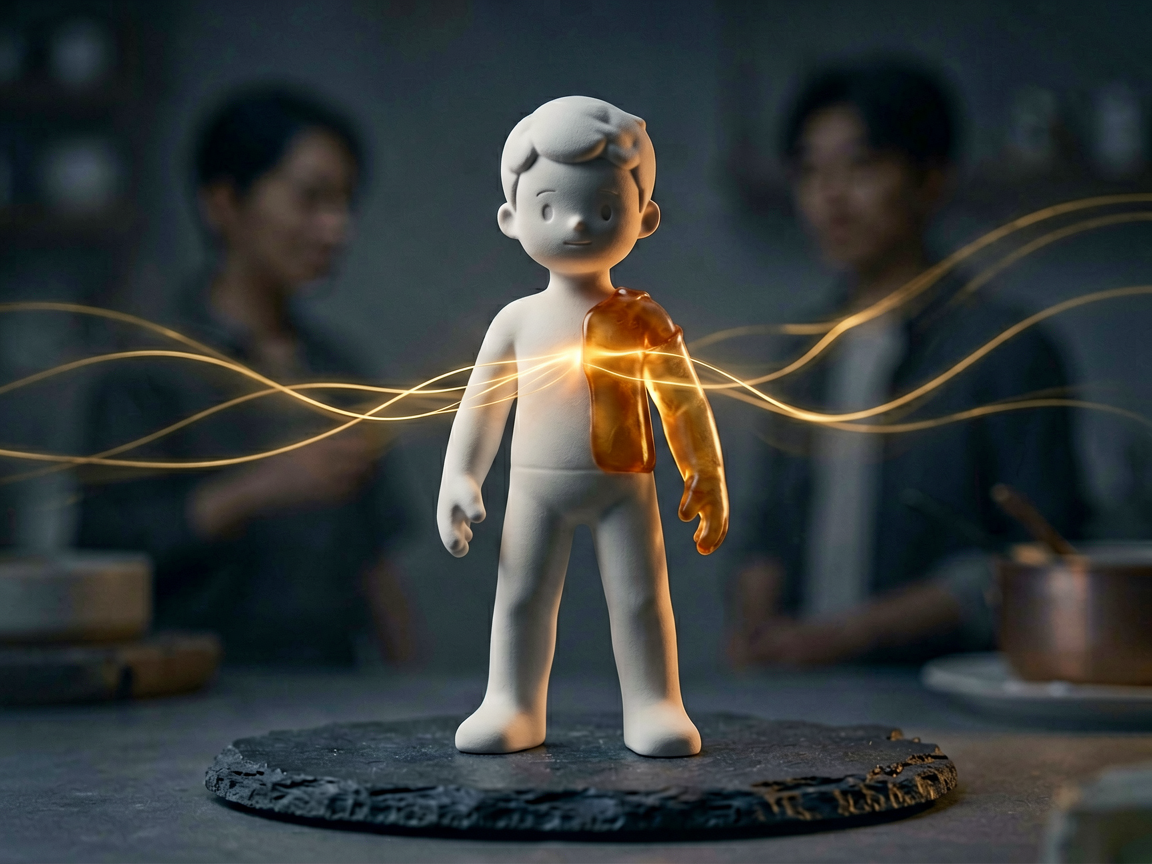 A digital character statue with subtle glowing memory threads connecting to a player silhouette