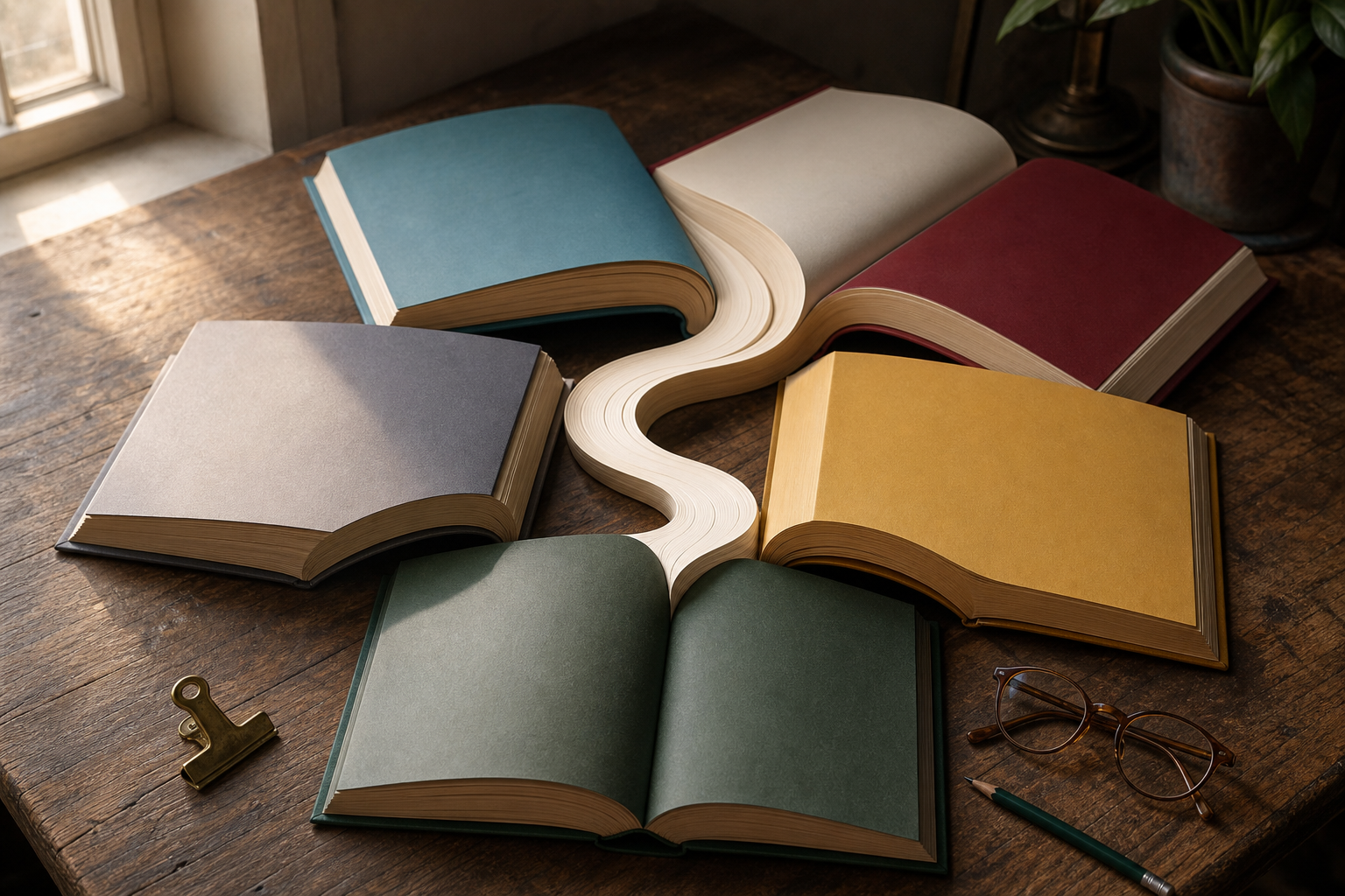 A wooden desk with five open books fanned out, their pages merging into a single glowing thread.