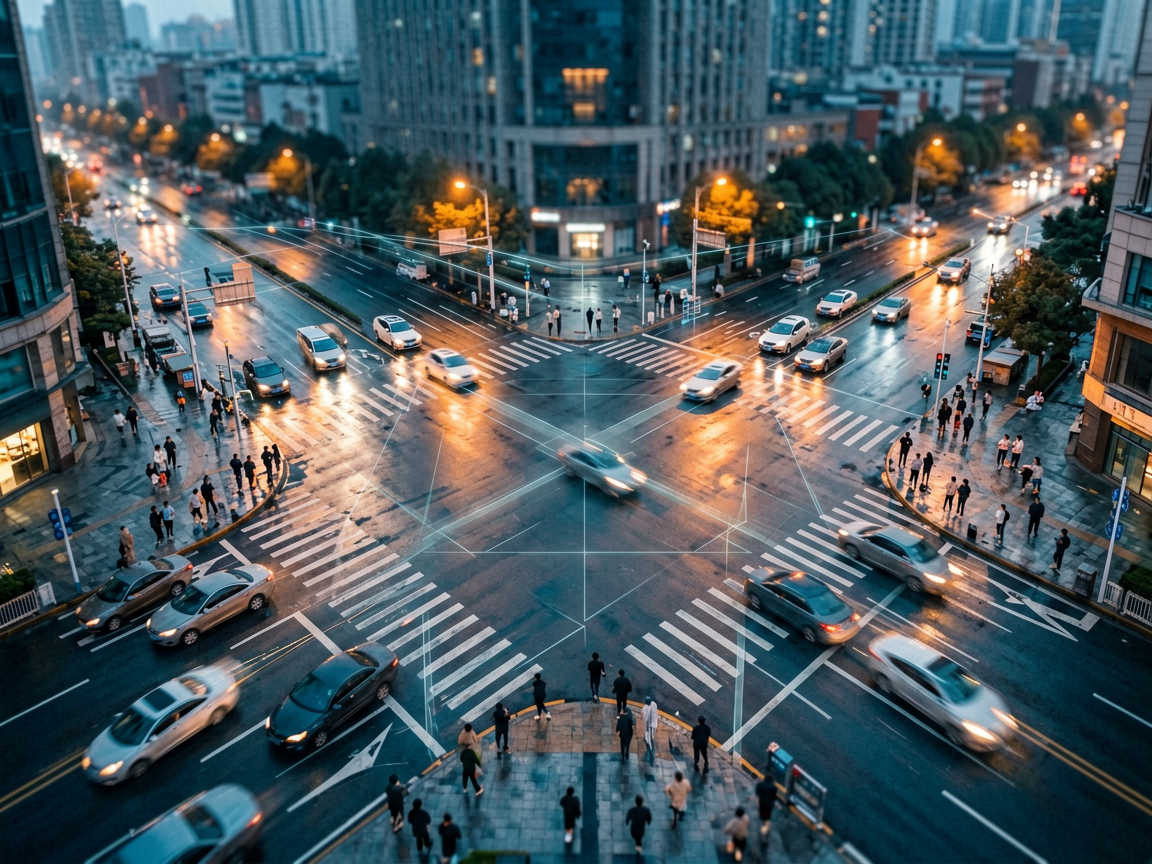 Aerial view of a modern city intersection with flowing traffic and subtle digital connectivity lines