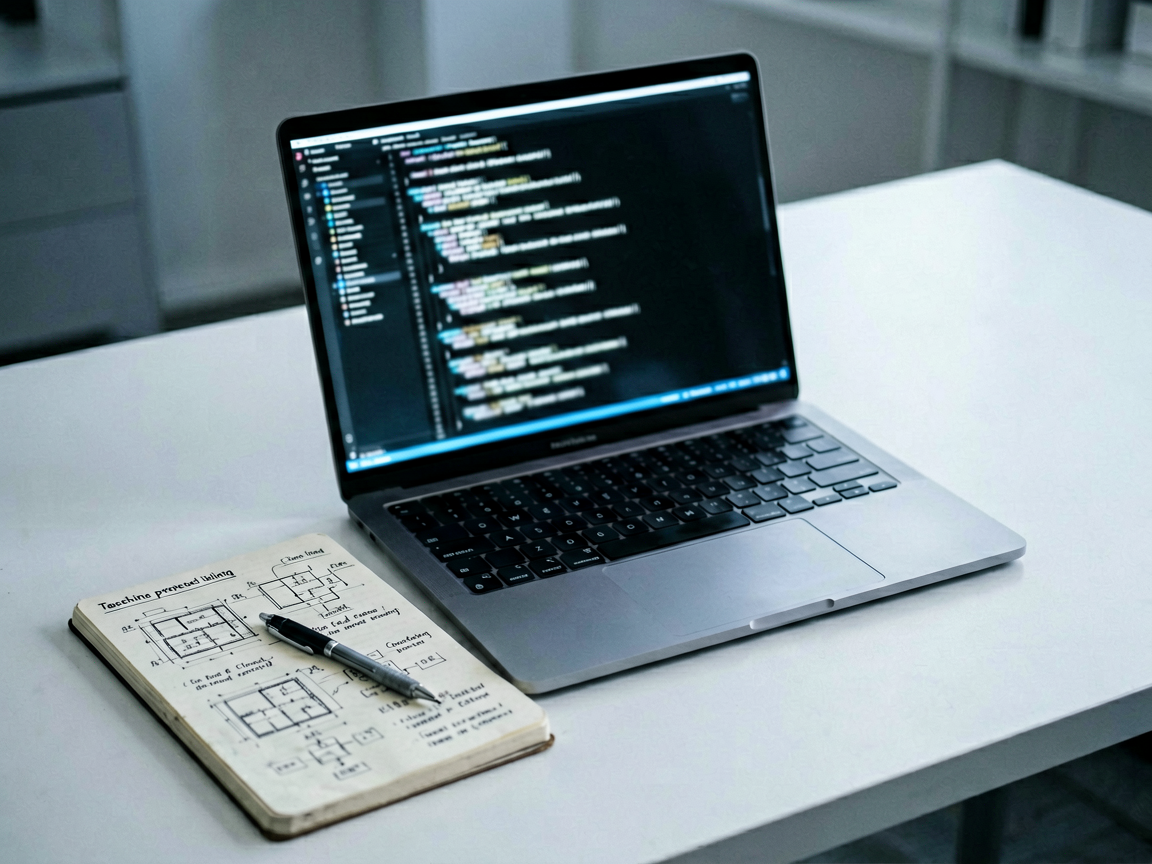 A minimalist desk setup featuring a laptop displaying abstract code patterns and a physical notebook with handwritten technical diagrams, symbolizing the transi