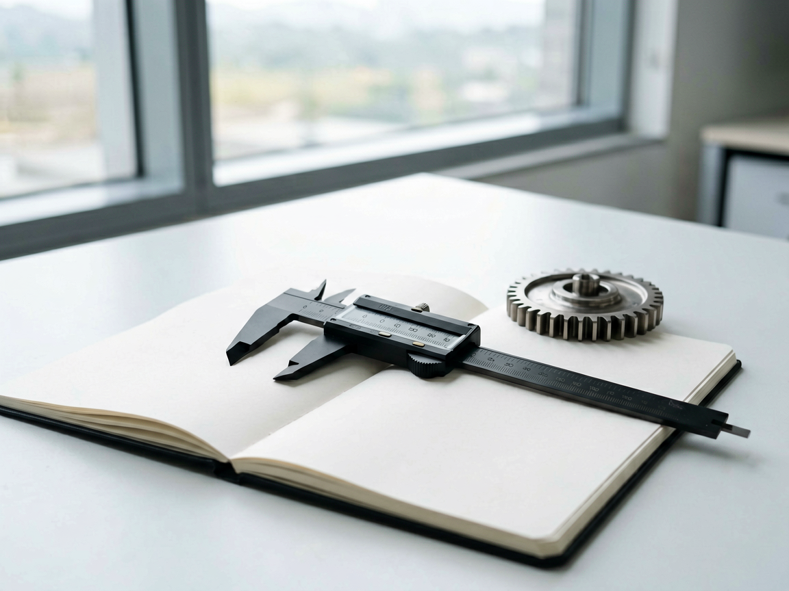 A minimalist workspace showing a precise mechanical gear mechanism next to a transparent ledger, symbolizing reliable AI execution and cost transparency.