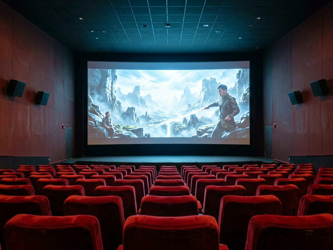 A cinematic movie theater with empty seats facing a screen displaying a hyper-detailed but emotionally cold AI-generated film poster, symbolizing the disconnect