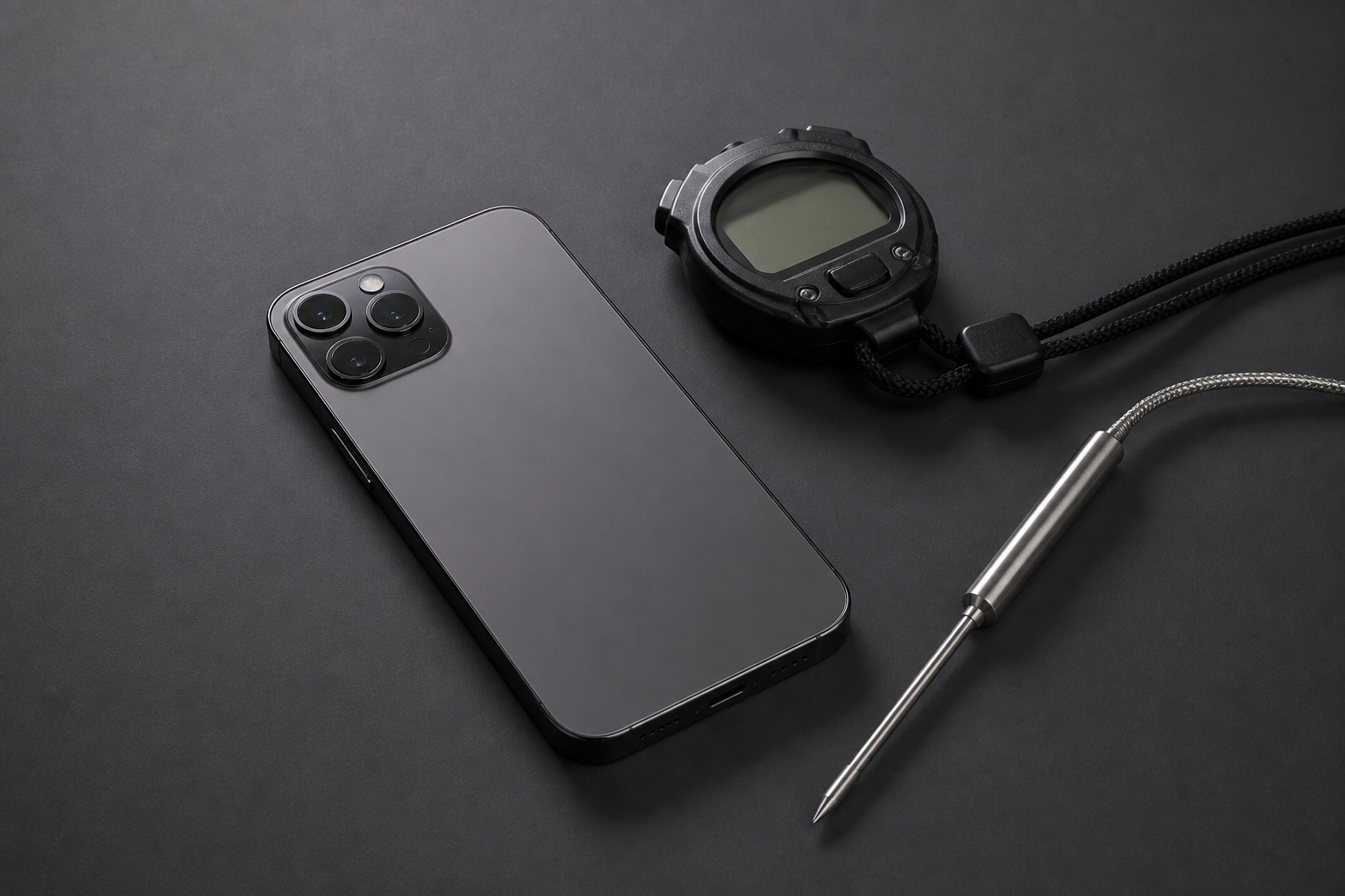 A minimalist editorial setup of a smartphone with professional testing tools.