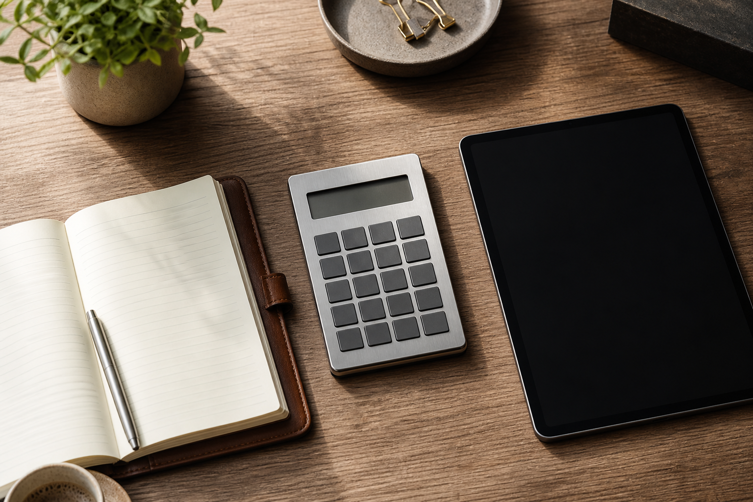 A minimalist desk setup showing a calculator next to a sleek notebook, symbolizing financial assessment and practical application.