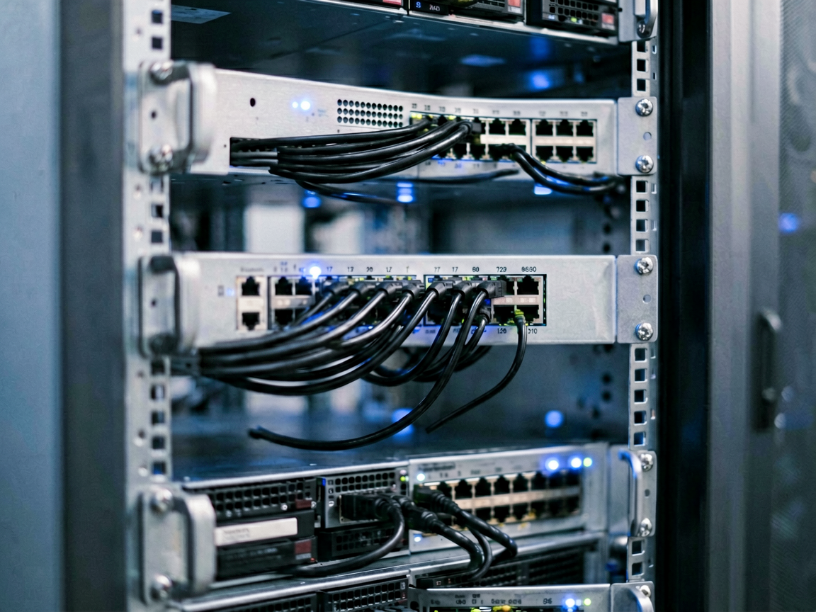 A sleek, modern server rack with organized cabling and subtle blue LED indicators, representing robust backend infrastructure and distributed systems.