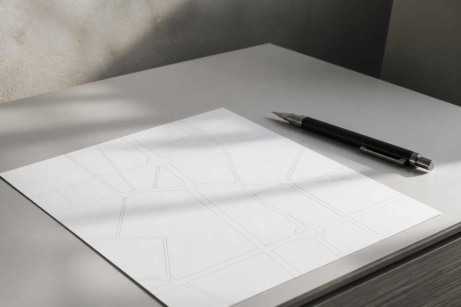 A minimalist desk setup showing a split focus between a complex blueprint and a simple pen, symbolizing efficient code refactoring.