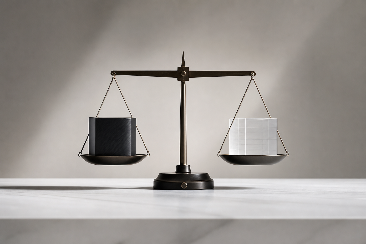 A balanced scale comparing two distinct abstract technological pillars