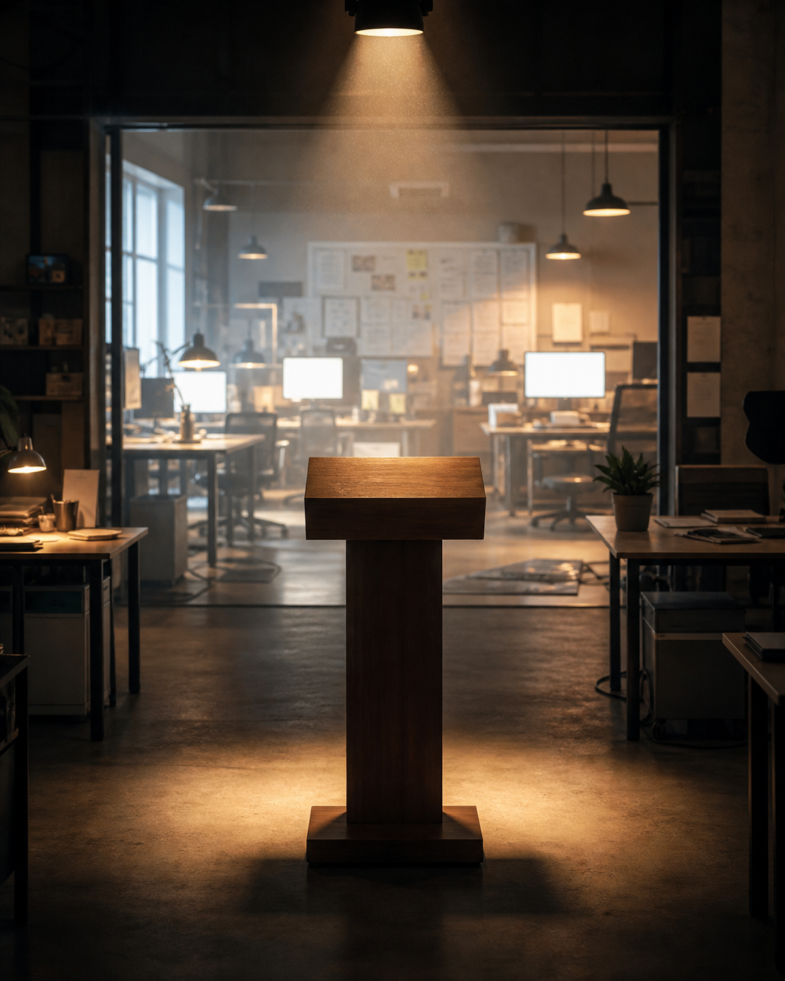 A single spotlight dims on a podium labeled with a fading prompt symbol while a broader stage of connected workstations brightens behind it.