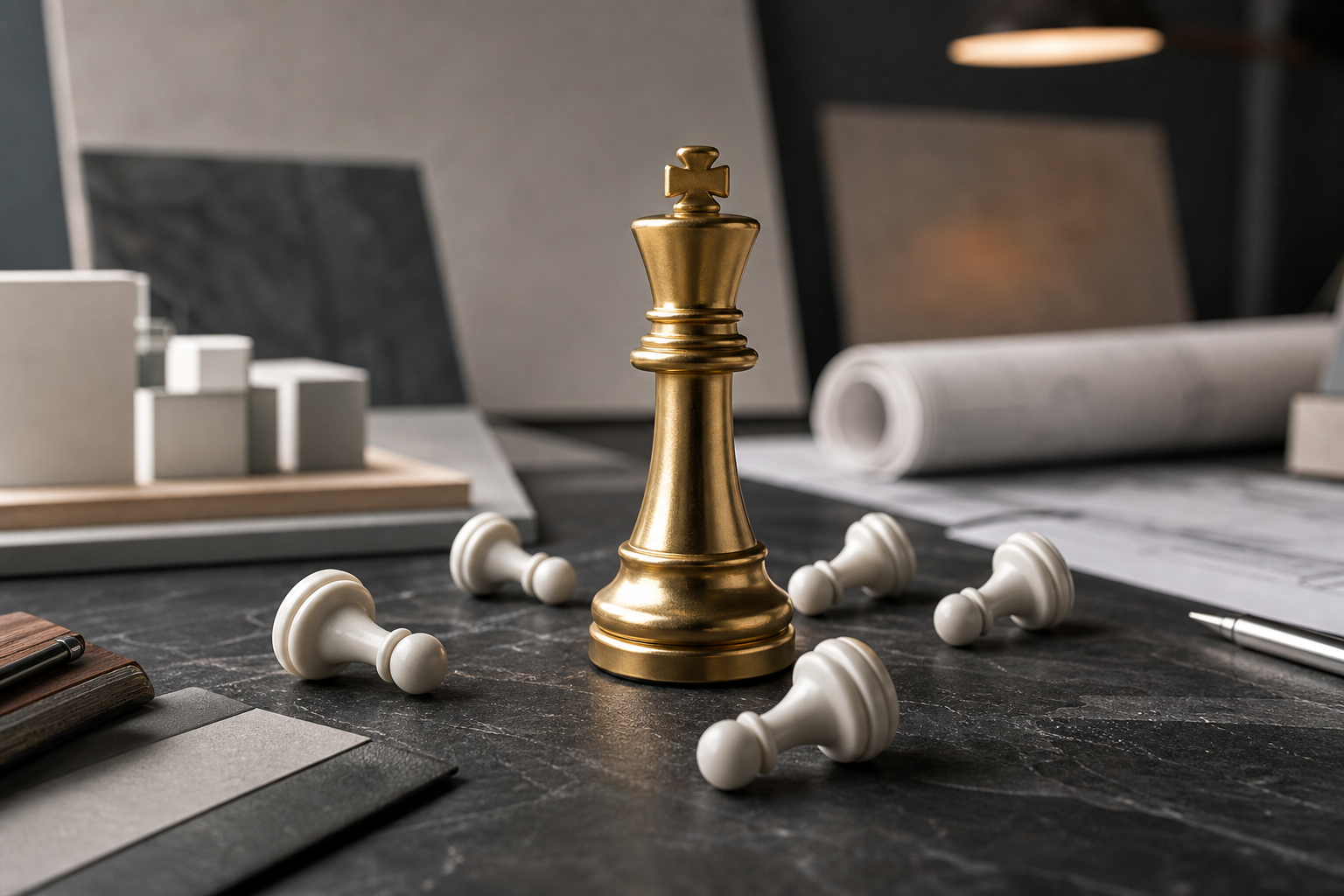 Editorial still life: a heavy golden chess king towering over small white pawns on a dark desk beside architecture blueprints and abstract circuit patterns.