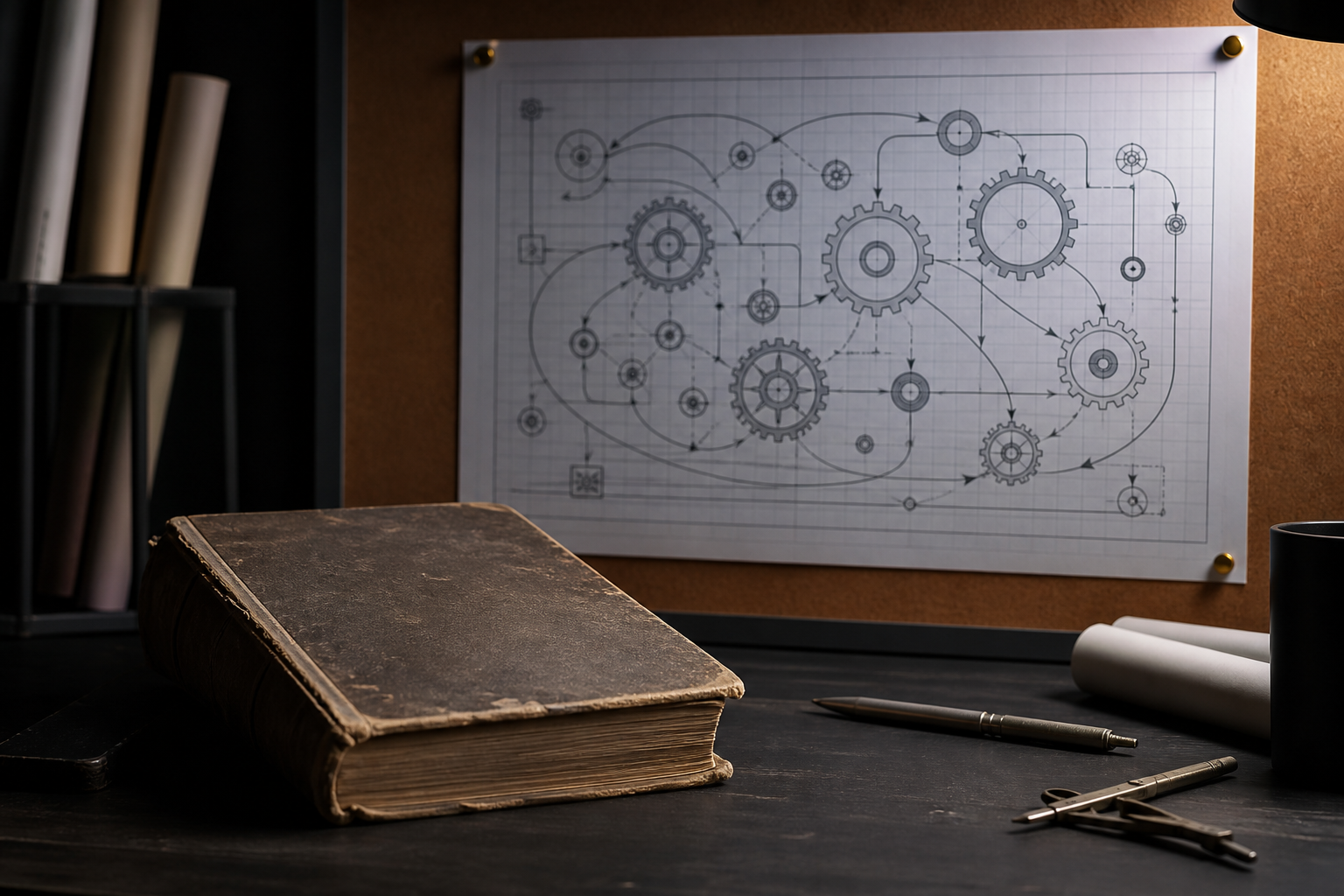 A worn-out, dusty book titled 'Prompt Engineering' lies discarded on a desk, while a clean, complex blueprint of interconnected gears and data loops labeled 'Ag