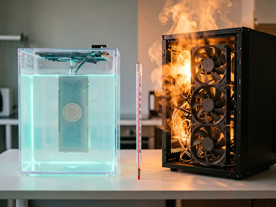 Editorial cover image contrasting an immersion liquid-cooling tank with a roaring air-cooled server rack.