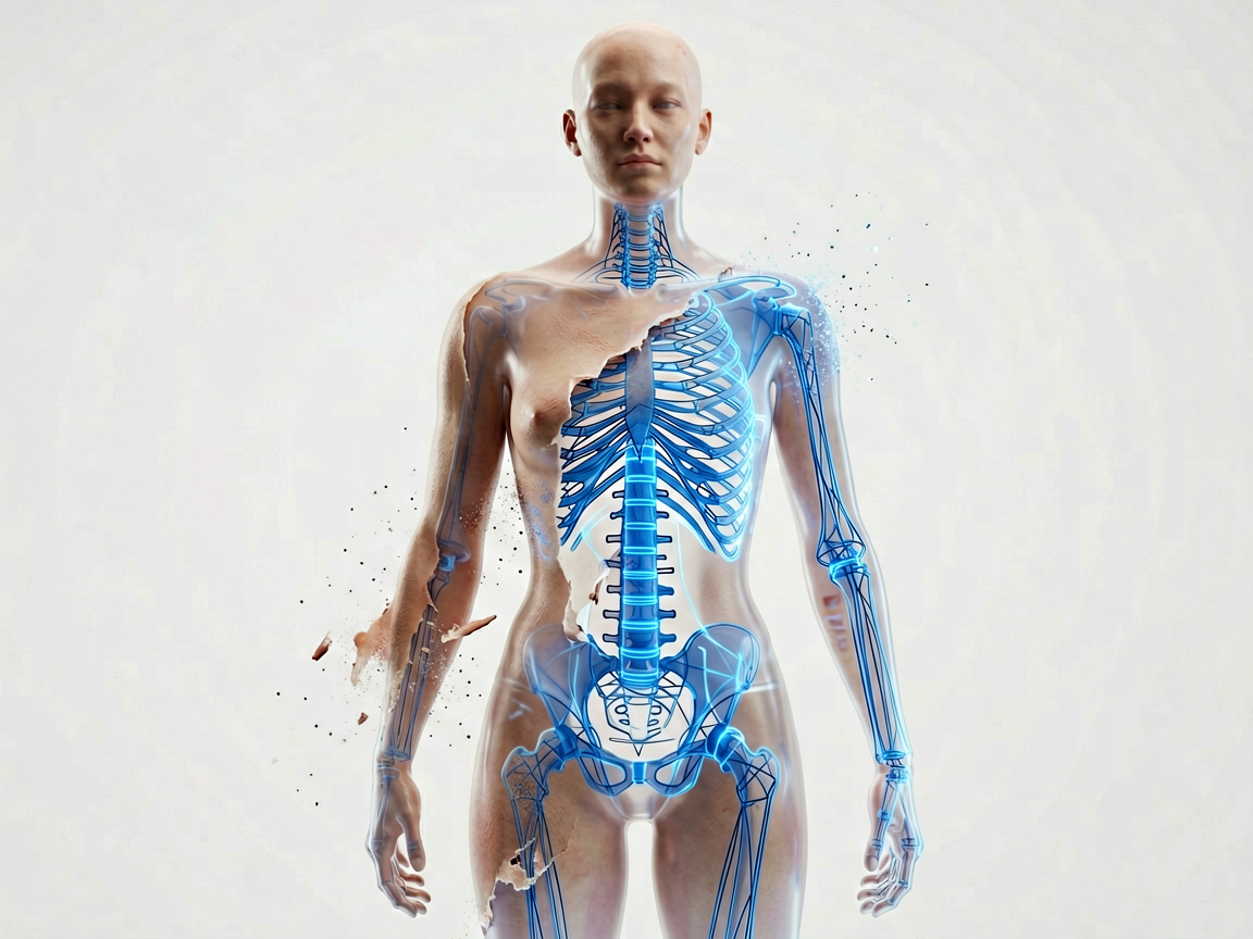 A translucent digital avatar shedding a realistic human mask to reveal a geometric wireframe structure underneath