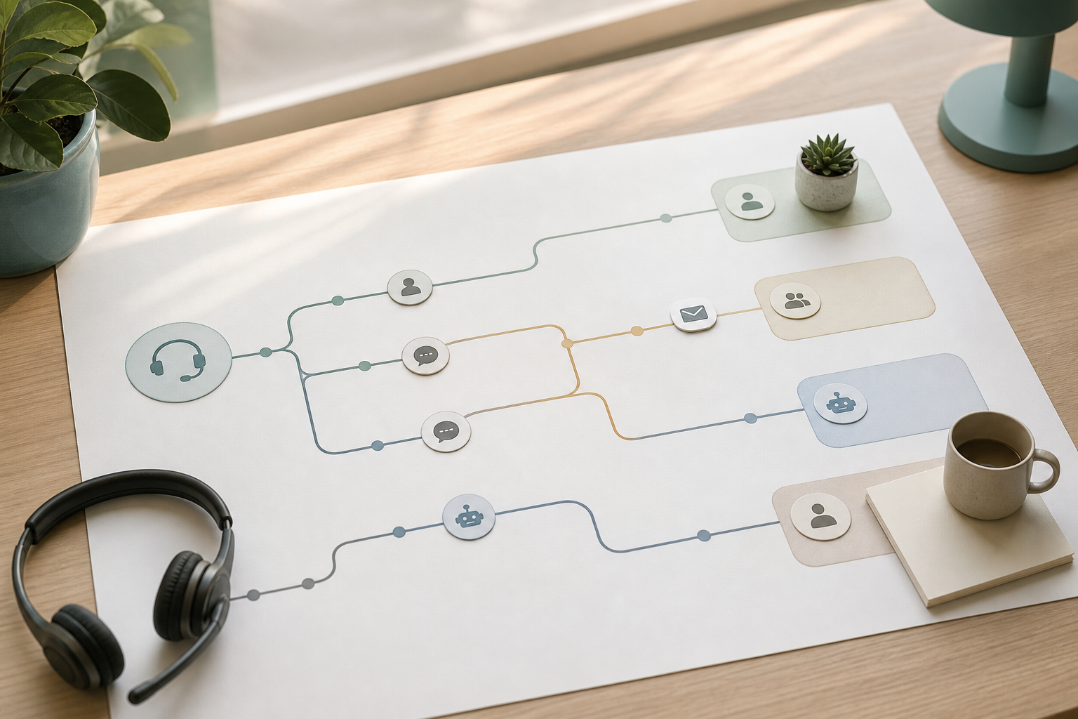 Editorial illustration of a customer support workflow diagram on an engineer's desk with a headset and routed ticket paths.