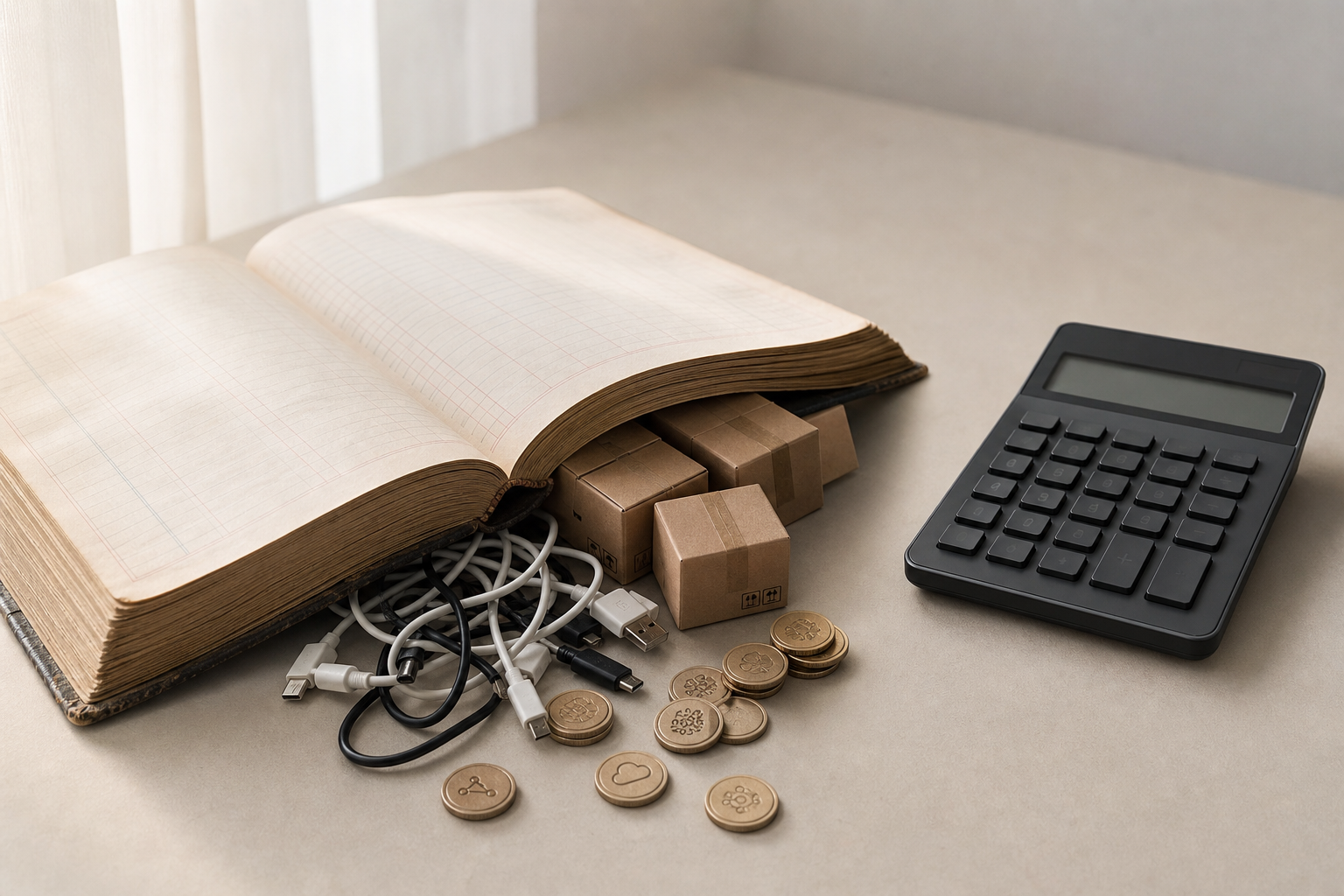 A worn ledger book beside a modern calculator, with hidden cost items spilling out, symbolizing the hidden costs of AI Agent ROI in e-commerce.