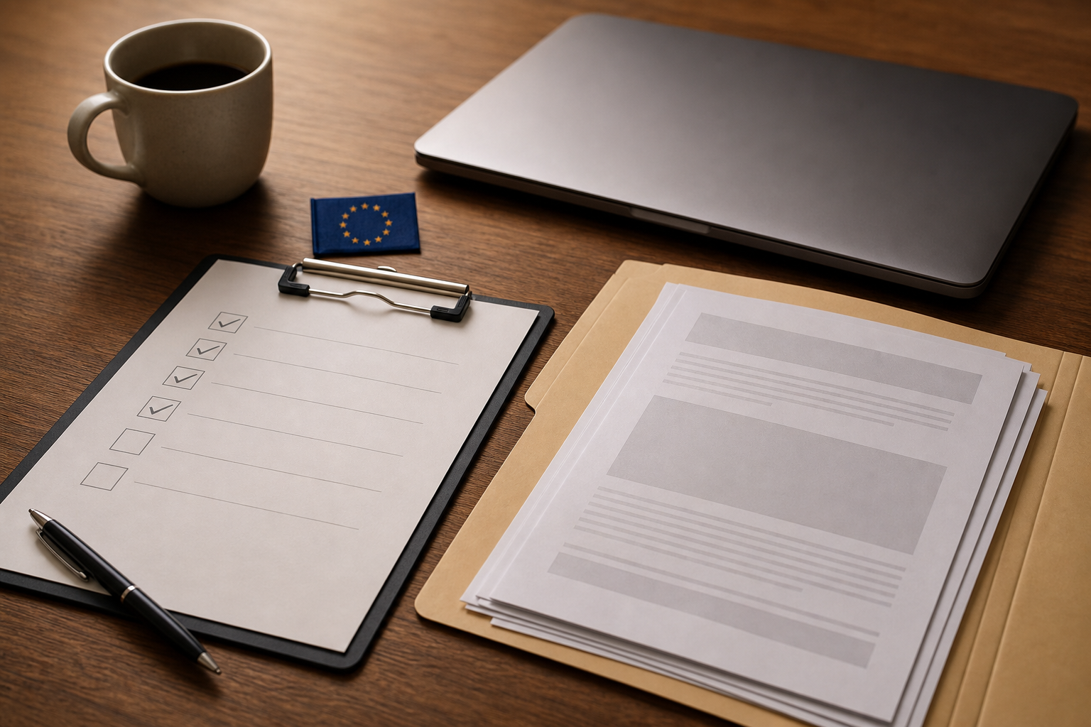 Open folder with risk-classification checklist on a desk beside a laptop and a small EU flag pin.