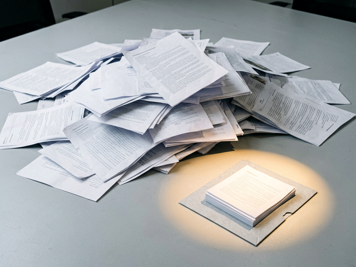 Editorial cover image: a vast scattered pile of rejected resumes dwarfing a tiny shortlisted stack on a minimalist desk, symbolizing brutal AI internship screen