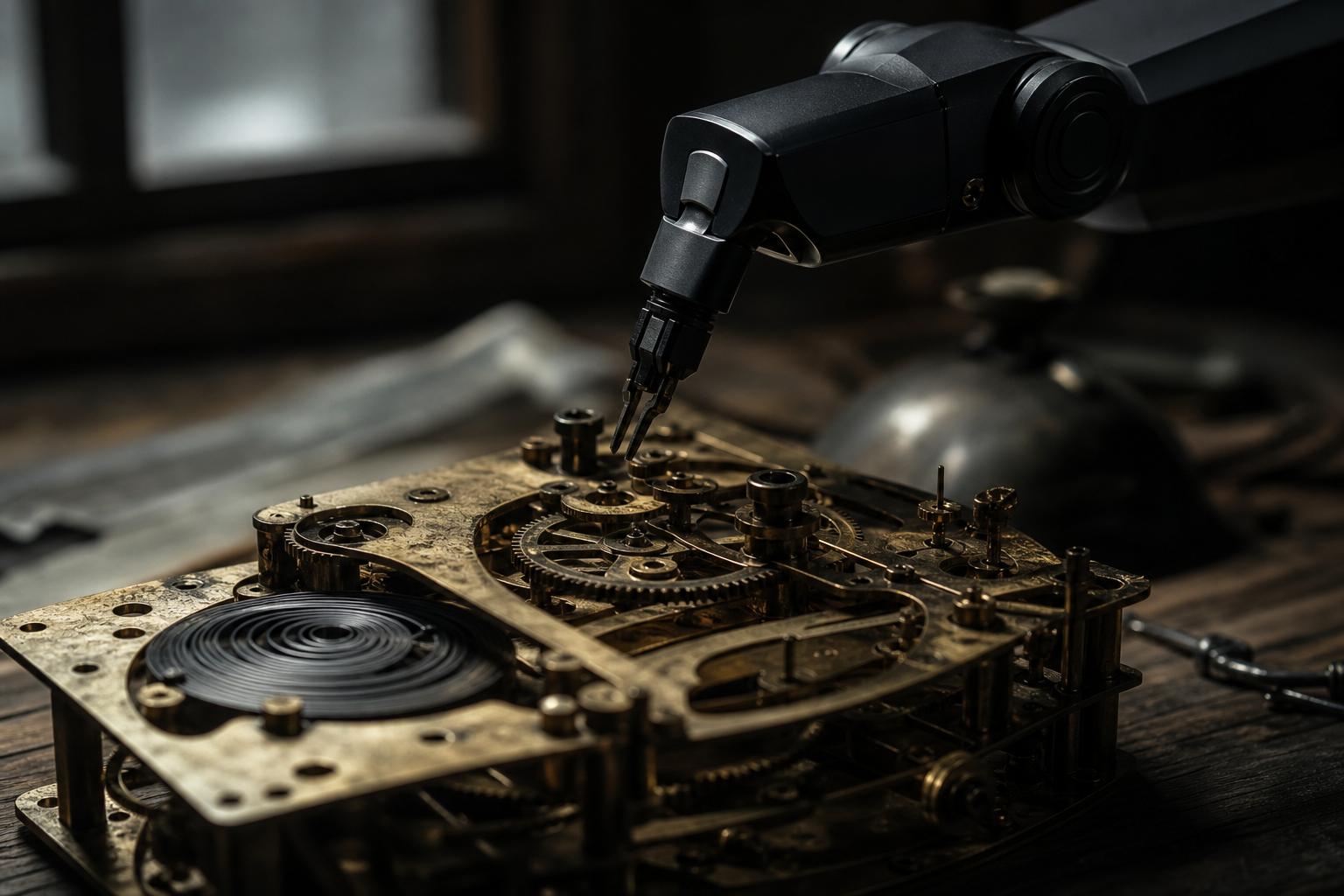 A close-up of a complex, vintage mechanical clockwork mechanism with exposed gears, partially obscured by the sleek, cold shadow of a modern robotic arm hoverin
