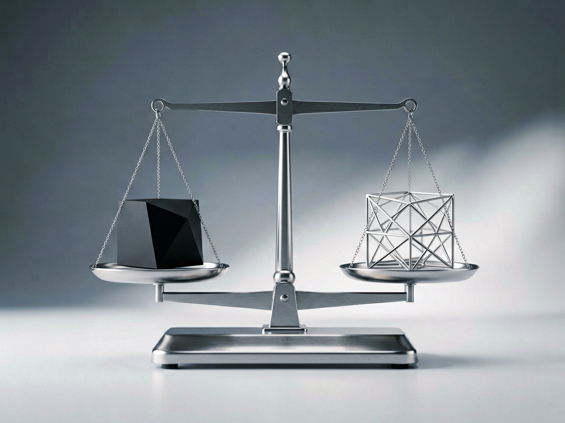 A minimalist editorial still life of a precision balance scale with abstract geometric blocks representing different computing architectures, set against a neut