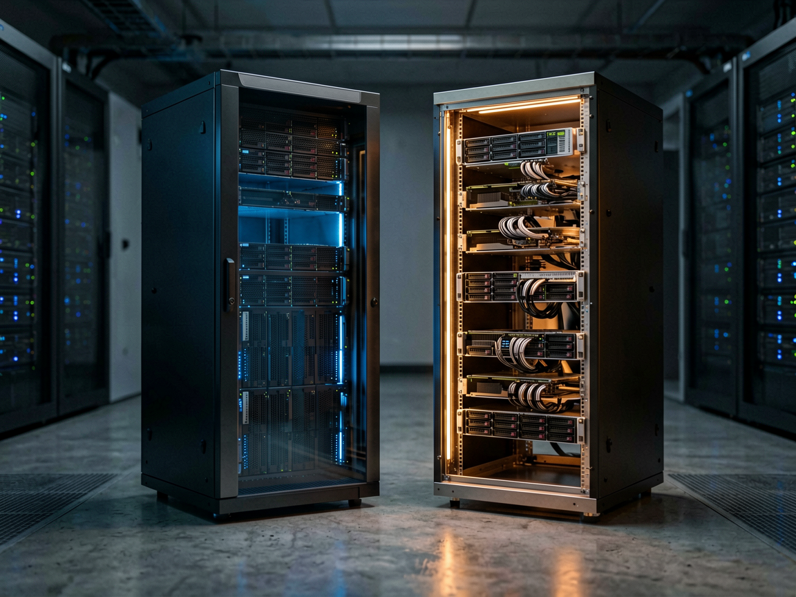 Two contrasting server racks in a data center, one enclosed behind dark glass panels, the other open-frame with exposed components