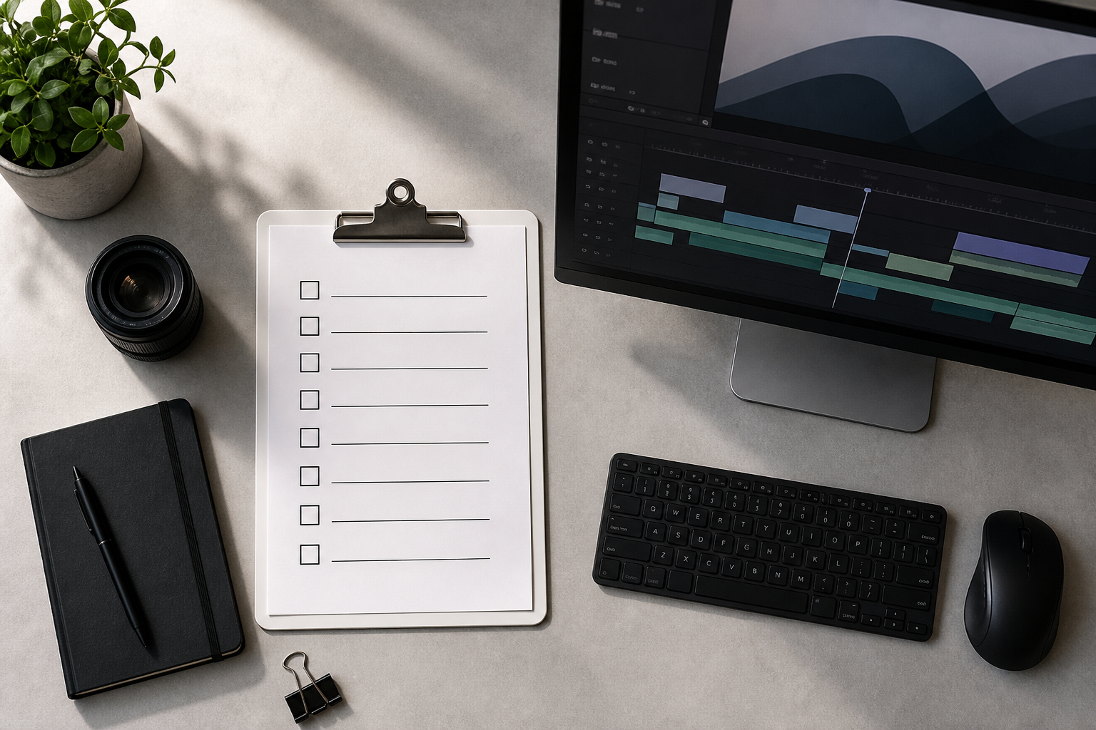 A minimalist desk setup featuring a checklist and video editing timeline interface