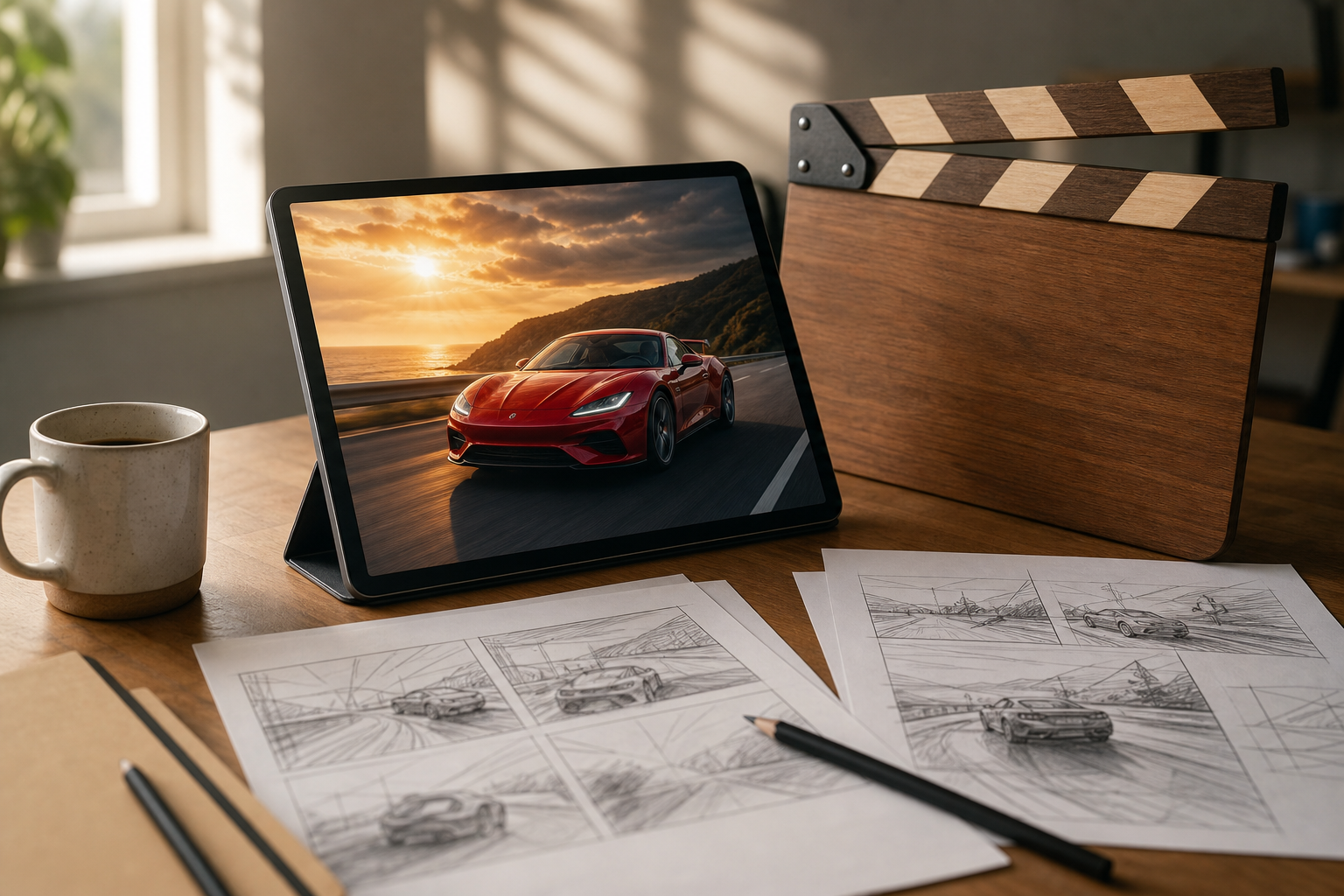 A desk scene with a tablet showing an AI video frame, a clapperboard, and storyboards.