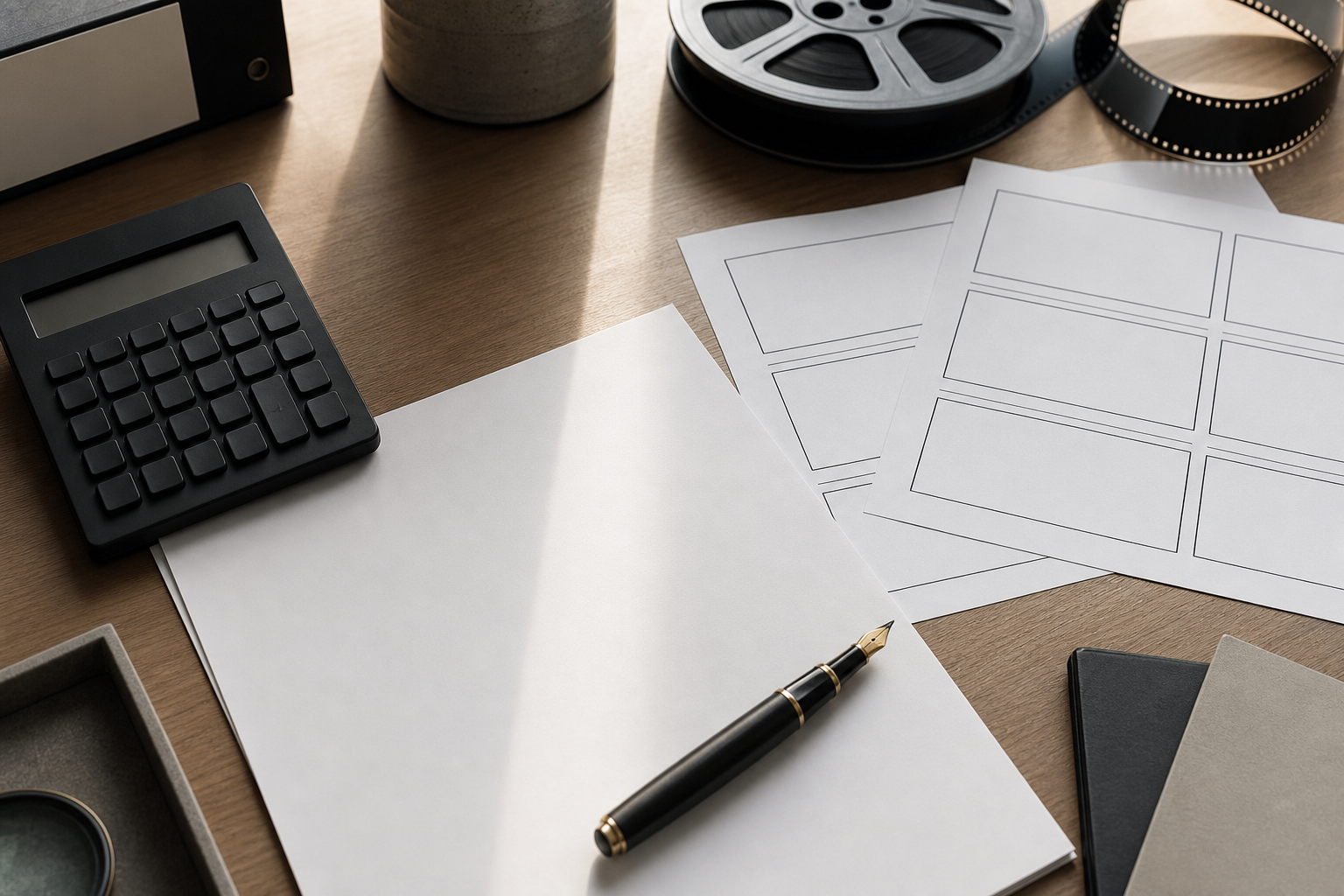A professional desk with a calculator, a blank contract, and a film storyboard.