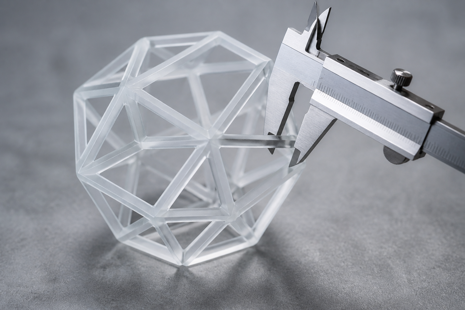 A precision tool measuring a complex translucent geometric structure on a minimalist background.