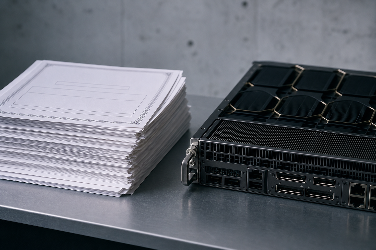 A balanced scale comparing a physical voucher against a server rack component