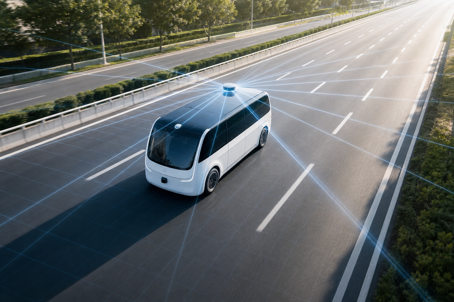 A conceptual editorial image showing a sleek autonomous vehicle driving on a modern highway, with a subtle overlay of laser grid lines representing LiDAR scanni