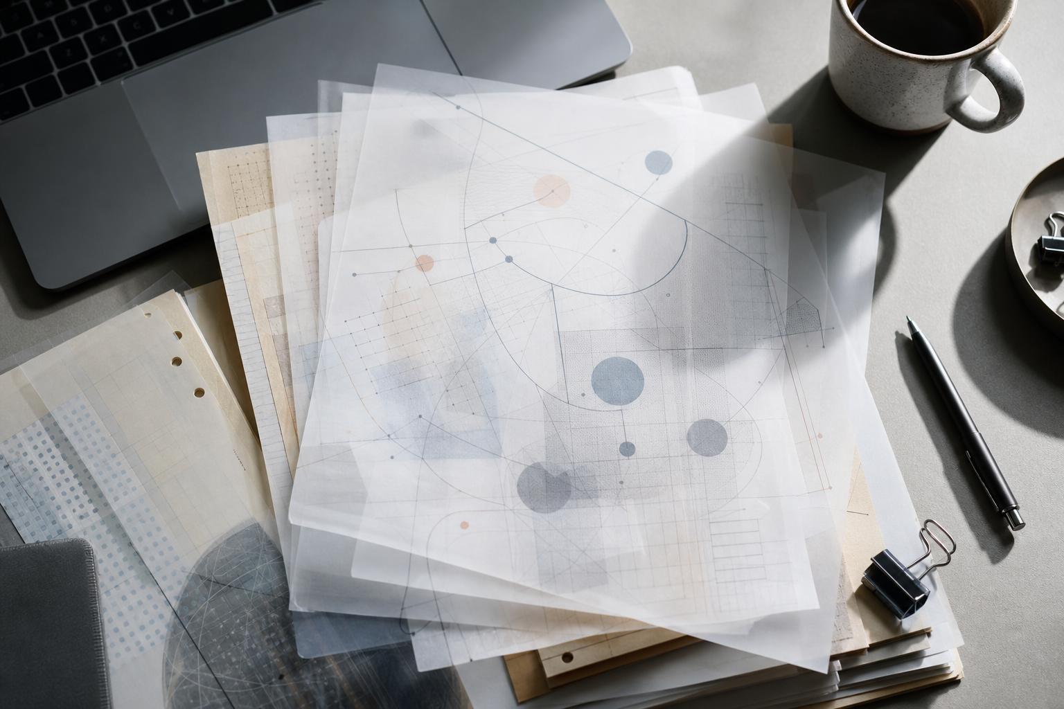A complex, layered desk setup representing the intricate workflow and cost of enterprise AI agents