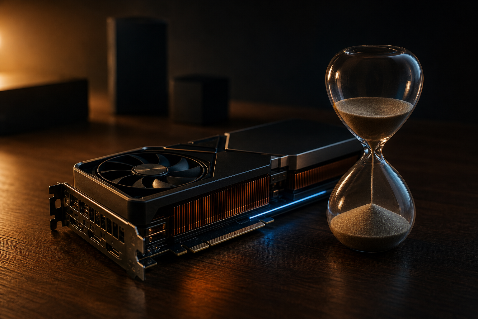 A still life of a single GPU card leaning against an hourglass on a dark desk, evoking time as the scarce resource in AI compute leasing.