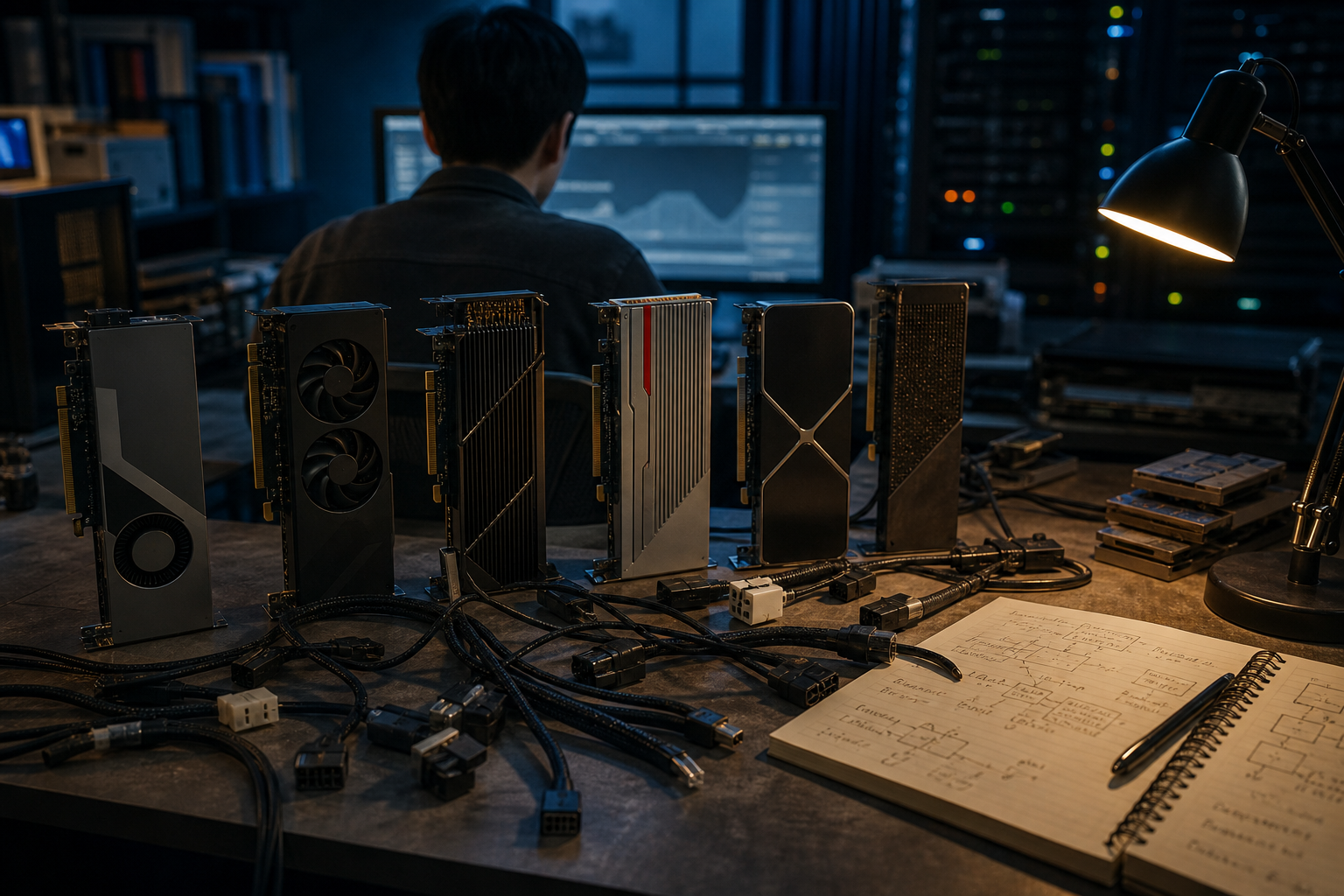 A developer at a desk surrounded by mismatched GPU cards, tangled adapter cables, and scattered paper notes.