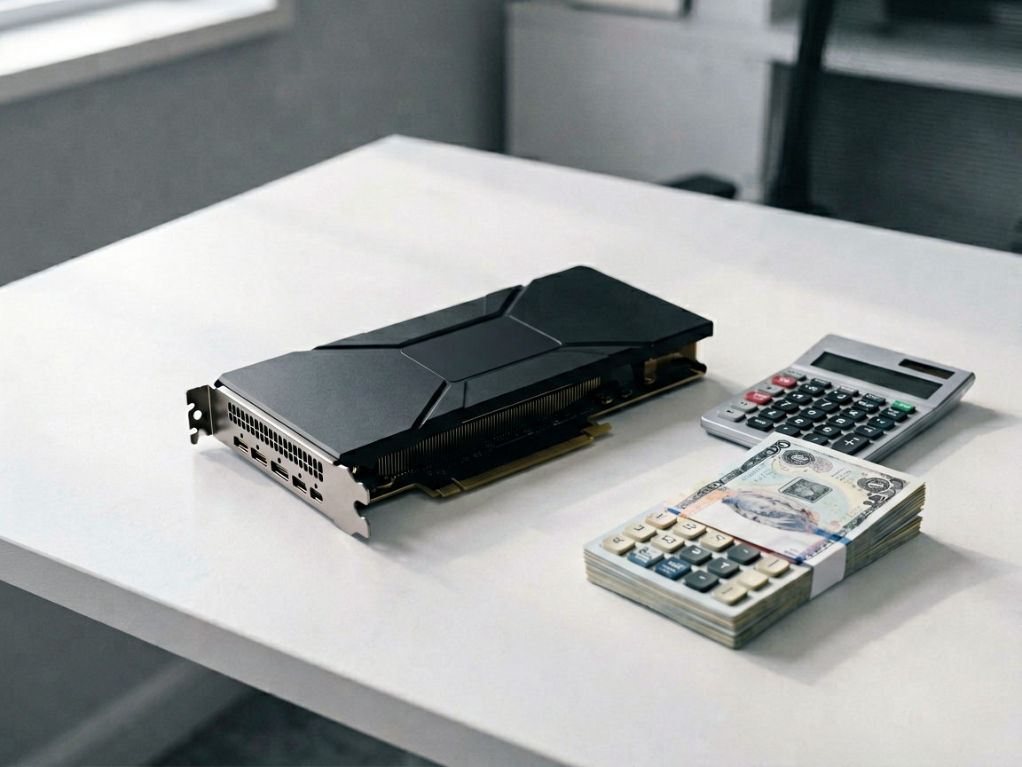 A minimalist desk setup featuring a single graphics card and a calculator, symbolizing the financial calculation of local AI deployment.