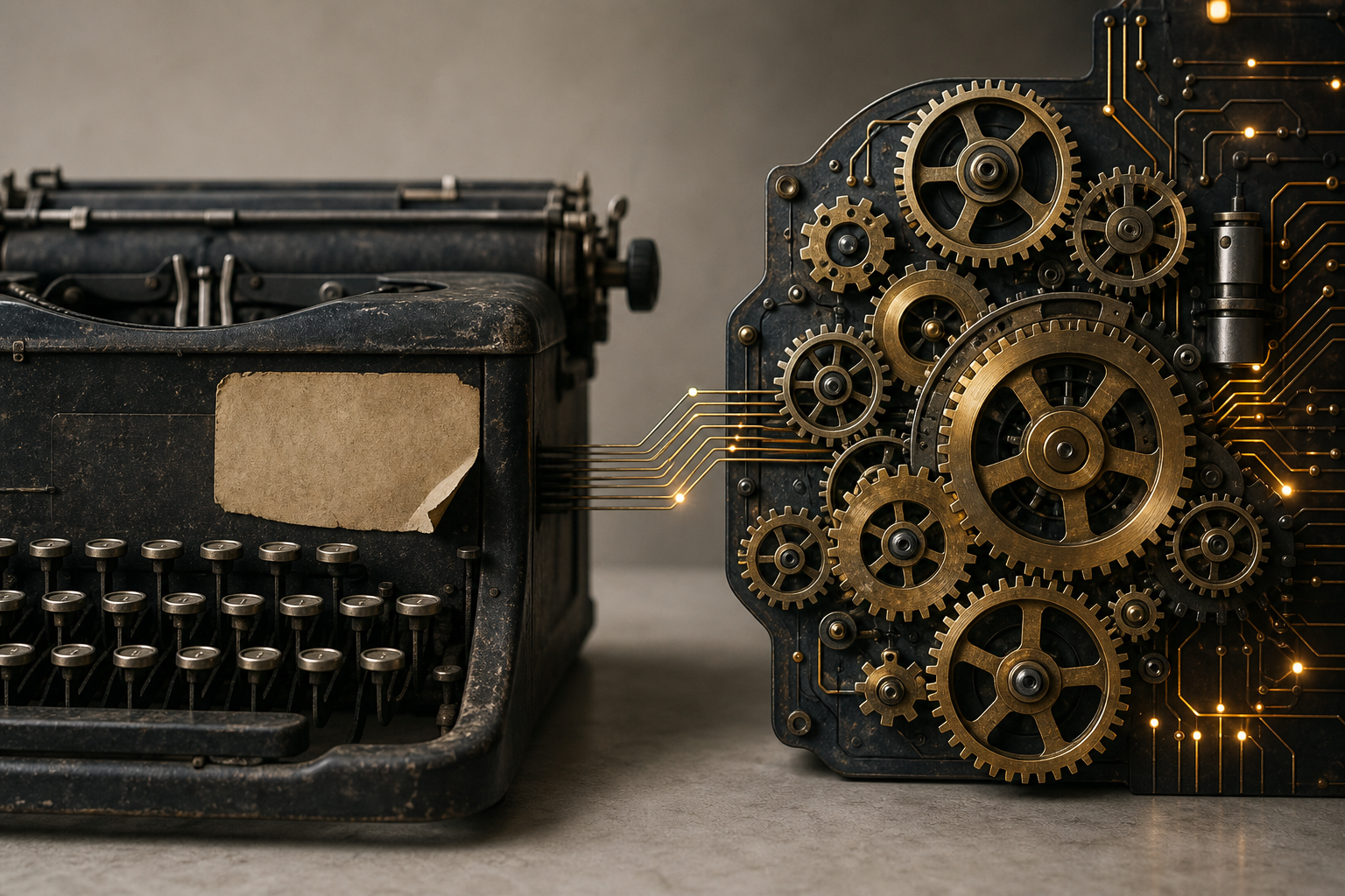 A vintage typewriter with a faded 'Prompt Engineer' label, replaced by a modern, interconnected gear-and-circuit system, symbolizing the shift from standalone p