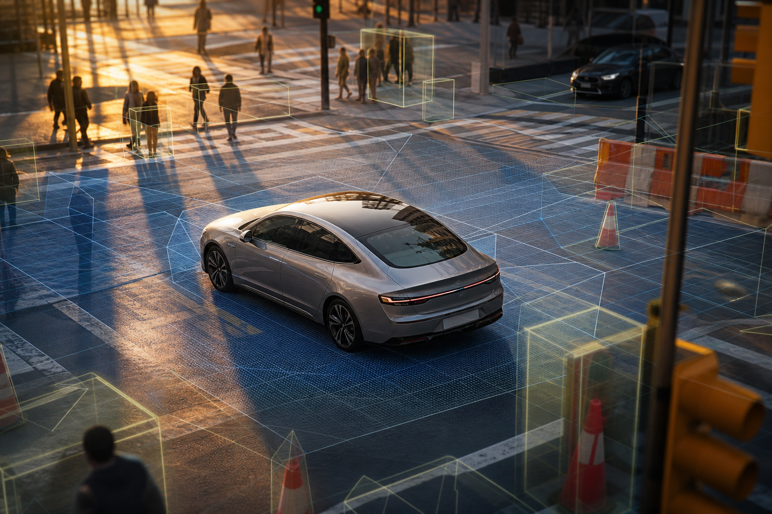 A conceptual editorial image showing a car's perspective navigating a complex urban intersection with layered visual cues representing semantic understanding.