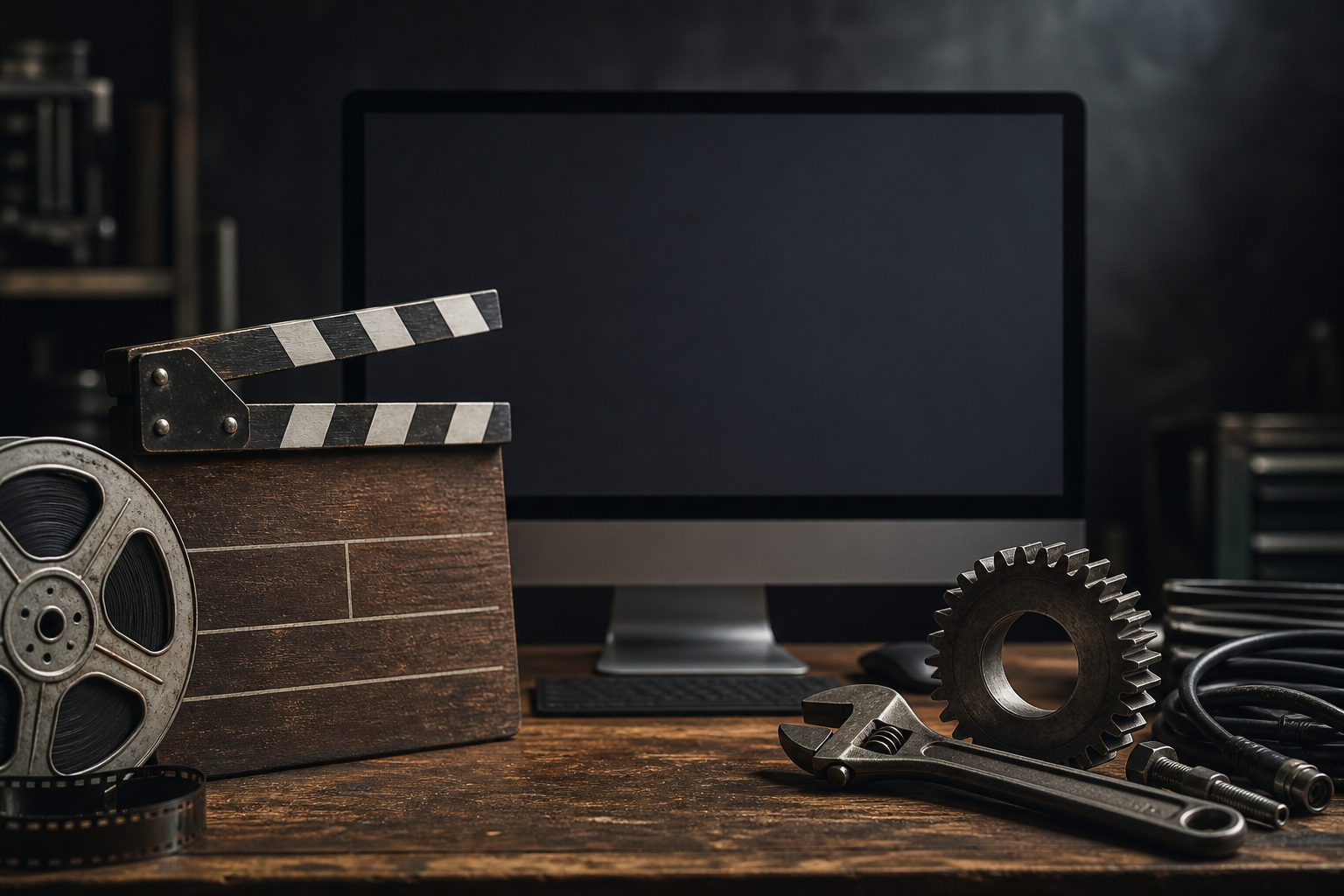 A cinematic clapperboard and film reel resting on a workbench next to industrial manufacturing tools and a blank monitor.