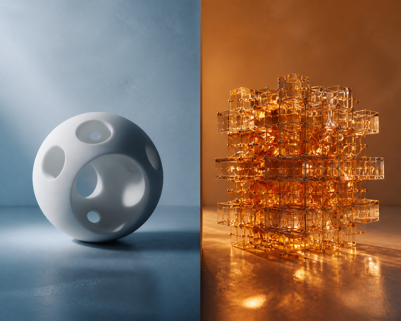 A conceptual editorial image showing a split composition of a cool, minimalist stone sphere representing efficient sparse calculation on one side, and a warm, i