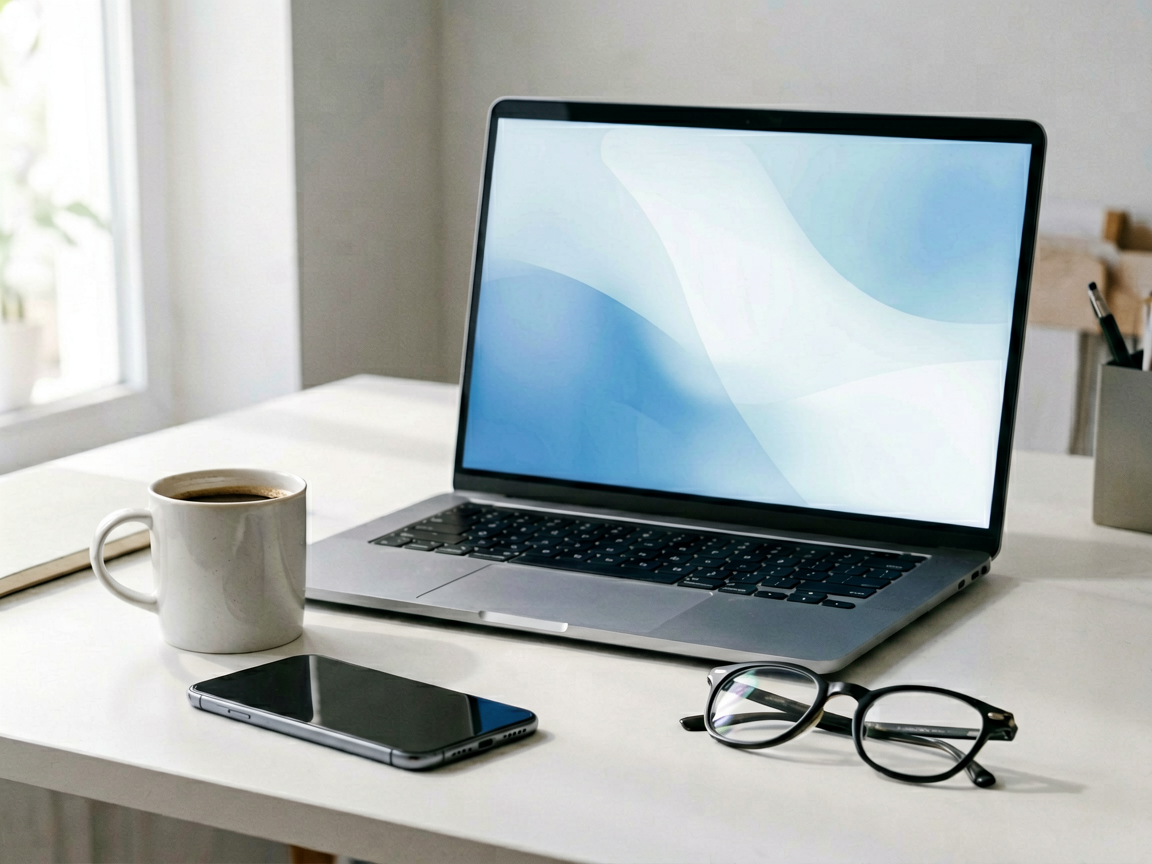 A modern workspace featuring a laptop displaying a blank screen next to a high-end product and a stylized digital interface element, symbolizing AI-assisted e-c
