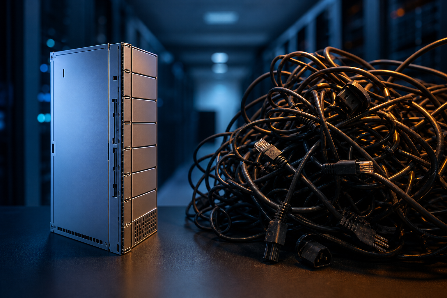 A complex, tangled server rack cable bundle representing the difficulty of changing infrastructure