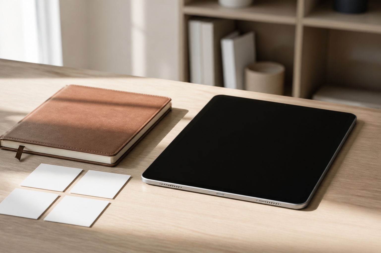 A clean, modern desk setup with a notebook and digital devices representing structured knowledge management