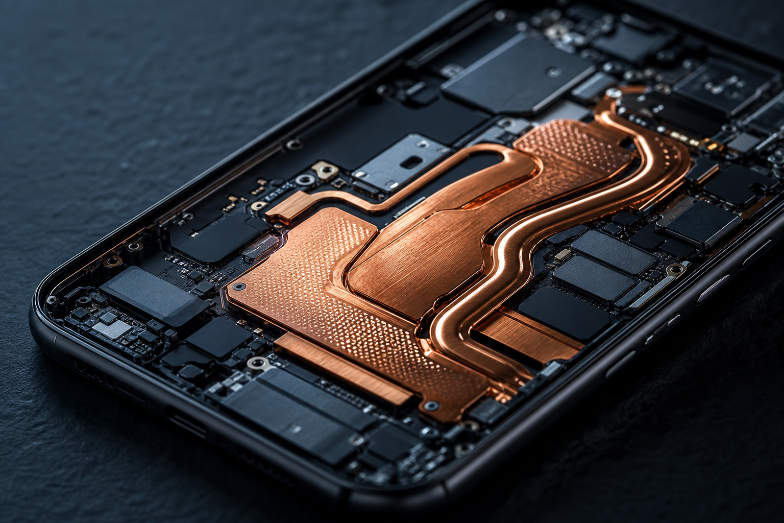A close-up editorial shot of a smartphone chassis with visible internal heat dissipation components, emphasizing thermal engineering.