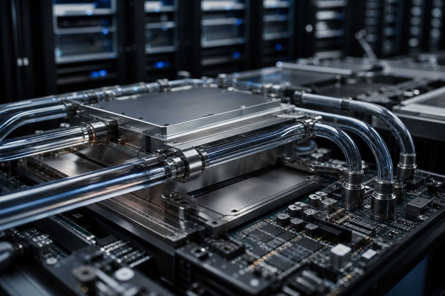 Close-up of a modern server rack with visible liquid cooling pipes and cold plates on processor modules