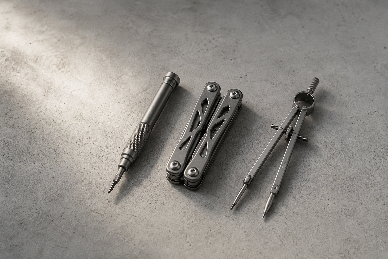 Three different professional precision tools arranged on a minimalist grey surface.