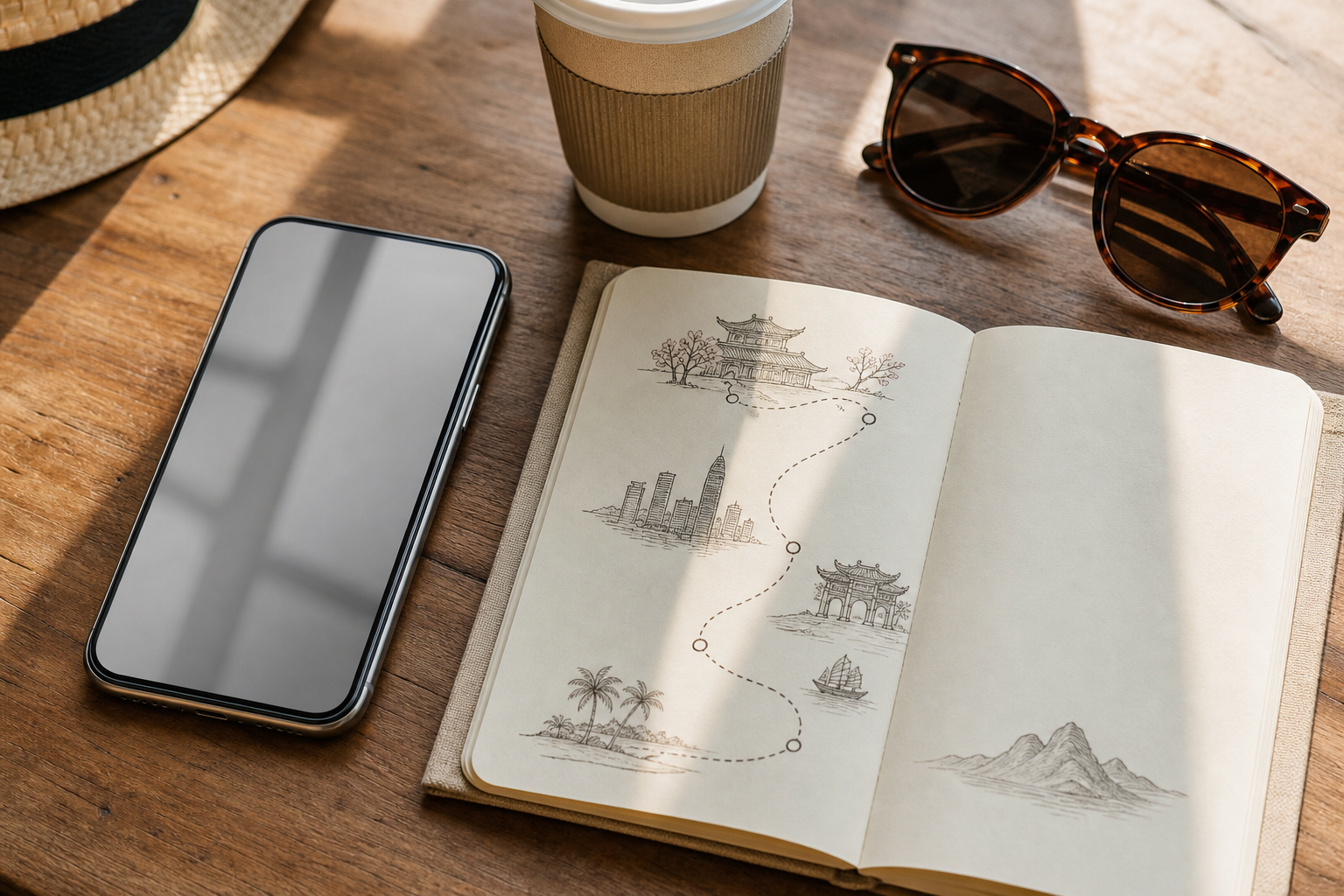 A wooden desk with a smartphone displaying a route map and travel icons, beside a paper notebook with a pencil.